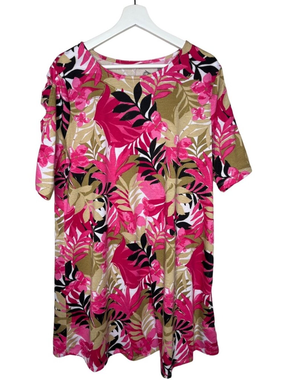 Ruby Rd Womens XL Tunic Dress Pink Black Floral Short Sleeve Casual